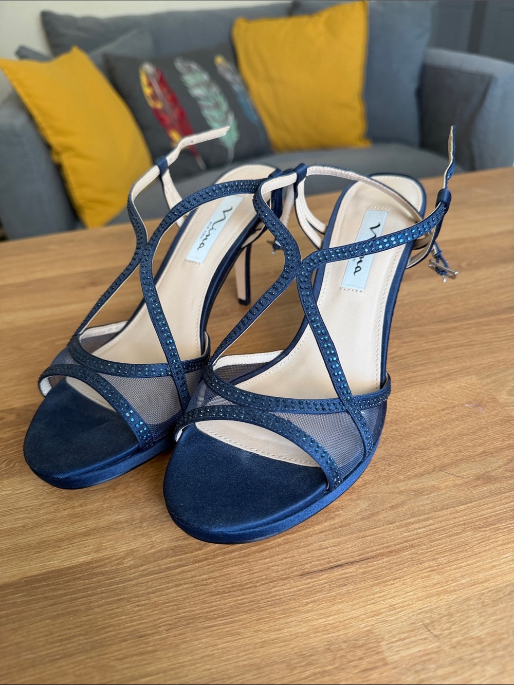 Nina Navy Rhinestone T-Strap Heels